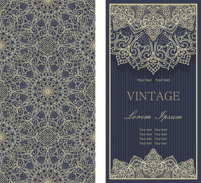 Set of Template greeting card, invitation and advertising banner, brochure with space for text. Vintage Invitation or wedding card with damask pattern and elegant floral elements in dark blue and gold