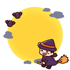 ハロウィンの空飛ぶ魔女と月　コピースペース