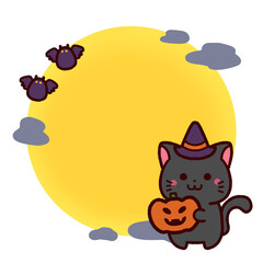 ハロウィンのかわいい黒猫と月　コピースペース