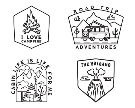 Vintage mountain camp badges logos set, Adventure stickers. Hand drawn emblems bundle. Road trip, Travel expedition, campfire labels. Outdoor hiking designs. Linear Logotypes collection. Stock vector.