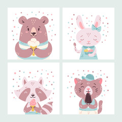 Set of cute funny cartoon summer animals. Bear, rabbit, raccoon and cat eating ice cream, licking popsicle, cone. Vector flat hand drawn illustration. Concept for children print. Isolated objects.