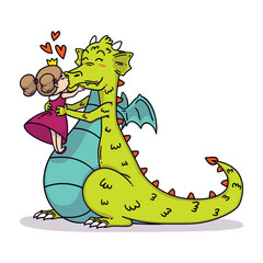 Little princess kisses a dragon in the nose. Fairy tale children illustration. Happy Valentine's day Card.
