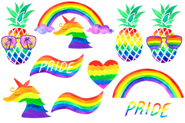 LGBT pride watercolor illustrations set isolated on white