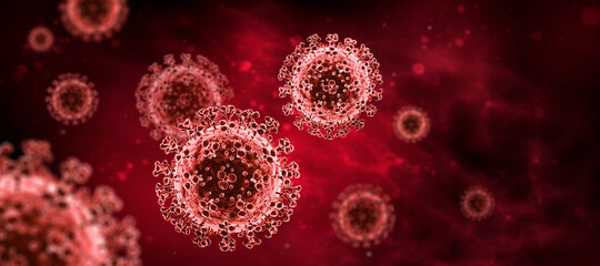 Detaillierte Corona Viren auf  rotem dunklem Untergrund mit Raum für Text