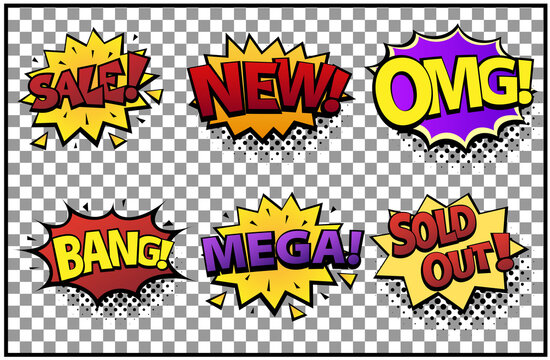 Comic speech bubbles set with different emotions and text Sale, New, OMG, Bang, Mega, Sold Out . Vector bright dynamic cartoon illustrations in retro pop art style isolated on transparent background