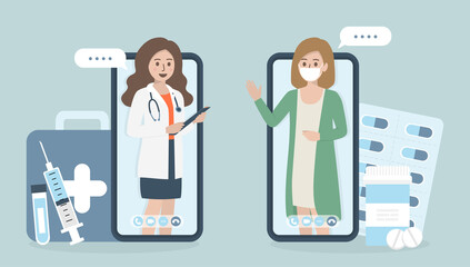 Young female patient video call to the doctor via smartphone. Online doctor consultation, diagnosis and healthcare service concept. 