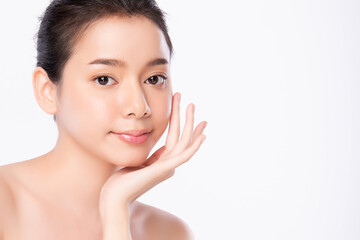 Obraz na płótnie Canvas Beautiful Young asian Woman touching her clean face with fresh Healthy Skin, isolated on white background, Beauty Cosmetics and Facial treatment Concept