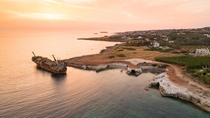 Aerial bird’s eye view of the abandoned ship wreck EDRO III in Pegeia, Paphos, Cyprus from above...