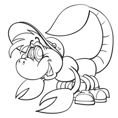 sketch of a cute scorpion in a cap, horoscope, coloring book, cartoon illustration, isolated object on a white background, vector illustration,