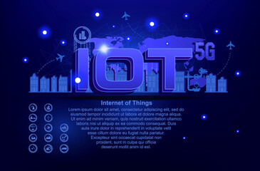 IoT Internet of Things and network concept for connected devices. Web of network connections on futuristic dark blue background with a night city. Vector illustration