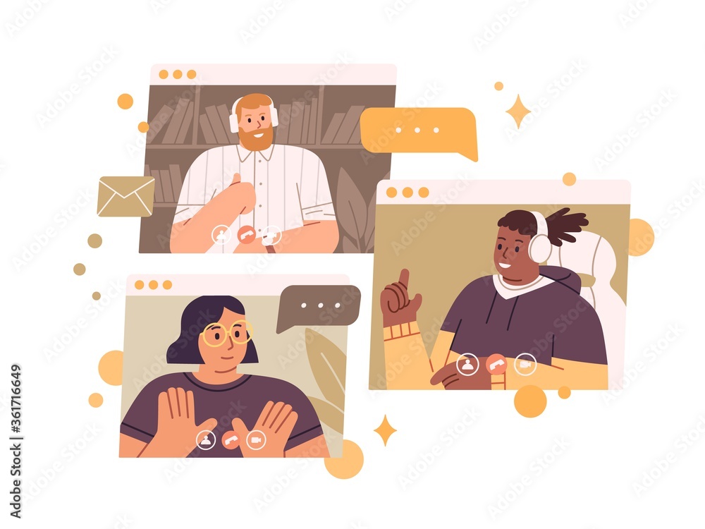 Poster diverse team talking online meeting vector flat illustration. man and woman having corporate online 