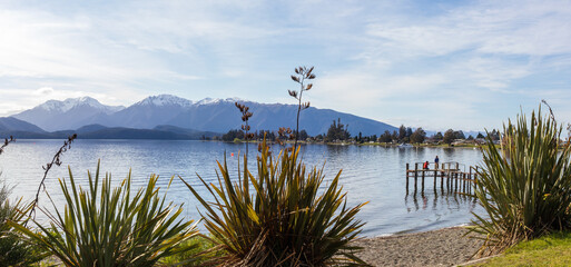 Te Anau lake and mountains landscape panorama, New Zealand