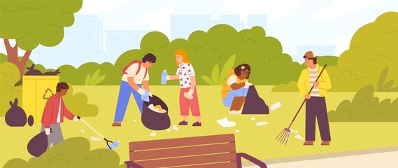 Group of diverse children cleaning up city park vector flat illustration. Boys and girls collecting garbage together use rake. Team of active kids pickup rubbish into bags. Protection environment