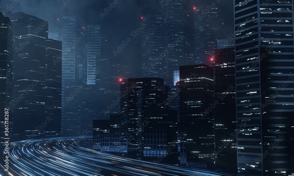 Poster 3d rendering of abstract highway path through digital binary towers in city. concept of big data, ma