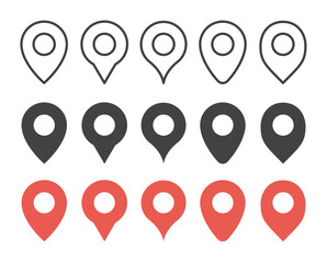 Location Pins collection. Set of Map Pins different shape and design. Tags symbol. Red and Black Pointers gps. Vector Illustration.