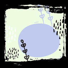 Card banner design Flowers leaves doodle scandinavian style black green lilac white background. simple ornament trend of the season. Abstract template grunge frame for your text, copy space. Vector