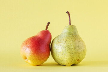 Two ripe pears on yellow background.