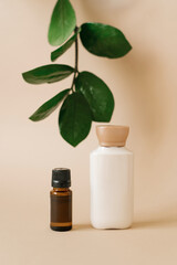 Natural organic cosmetics with plant extracts. Two bottles of face and body care products.