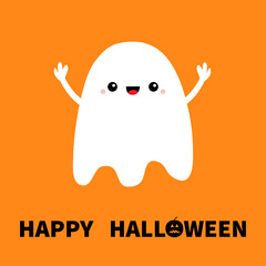 Flying ghost spirit Hands up. Boo. Happy Halloween. Cute cartoon kawaii spooky baby character. Scary white ghosts. Smiling face, hands. Orange background. Greeting card. Flat design.
