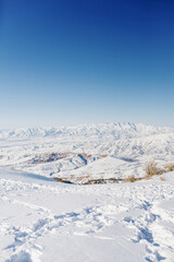 winter views from the mountain slopes of Beldersay in Sunny clear weather with blue skies