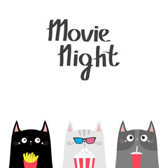 Cat set. Popcorn, soda, french fries. Movie night. Cinema theater. Cute cartoon funny character. Film show. Kitten in 3D glasses. Kids print for notebook cover. White background. Flat design