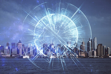 Double exposure of business theme hologram drawing and city veiw background. Concept of success.