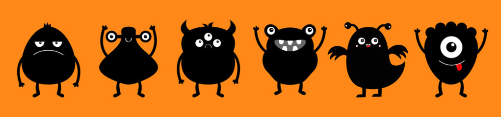 Monster black silhouette icon set line. Eyes, horns, hands up, tongue. Six cute cartoon kawaii sad character. Happy Halloween. Funny baby collection. Isolated. Orange background. Flat design.