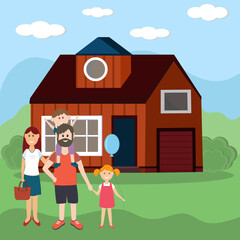 Obraz na płótnie Canvas family of four parents and children on the background of a new purchased house, color vector illustration in flat style, design, decoration
