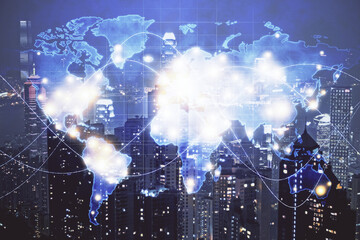 Double exposure of business theme hologram drawing and city veiw background. Concept of success.