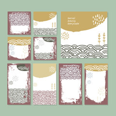 Card banner design collection japanese doodle scandinavian style white gray beige tan brown grunge background. ornament trend of the season. Abstract tile template frame for text copy space. Vector