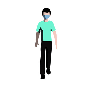 A man walking with medical face mask on,isolated over white