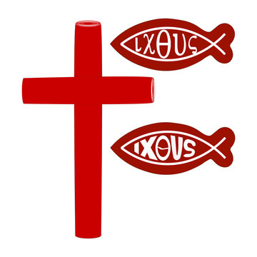 The icon of the cross. Ancient christian fish symbol. A sign with the inscription in biblical Greek language with the marking Jesus Christ the Son of God the Savior. Vector graphics for the church.