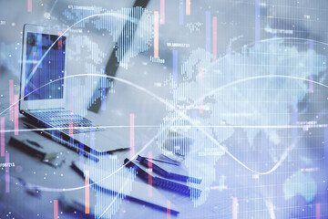 Double exposure of business theme icons and work space with computer background. Concept of success.