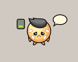 Sesame ball cartoon doing a tired gesture