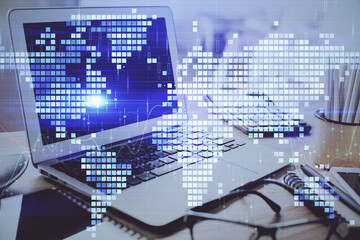 Double exposure of business theme icons and work space with computer background. Concept of success.