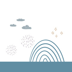 magic tale card banner design rainbow abstract scales, sky, clouds and stars, simple Nature doodle lines scandinavian style background. Nursery decor trend of the season, Gray Blue pink white. Vector