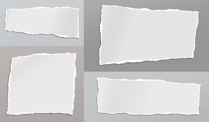Set of torn white note, notebook paper strips and pieces stuck on backgrounds of different colors. Vector illustration