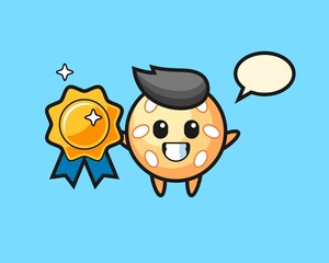 Sesame ball cartoon holding a golden badge