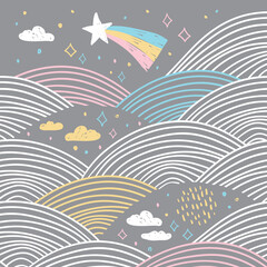 Fototapeta na wymiar magic tale card banner design abstract scales comet, night sky, clouds stars, simple Nature doodle lines scandinavian style background trend of the season, circle pattern Blue pink white gray. Vector