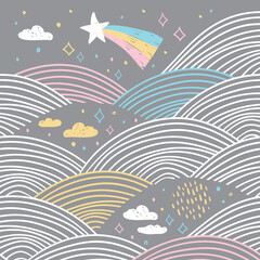Fototapeta premium magic tale card banner design abstract scales comet, night sky, clouds stars, simple Nature doodle lines scandinavian style background trend of the season, circle pattern Blue pink white gray. Vector