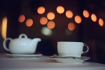 breakfast in a cafe, interior morning food hotel, teapot and cup serving restaurant