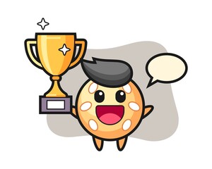 Sesame ball cartoon happy holding up the golden trophy