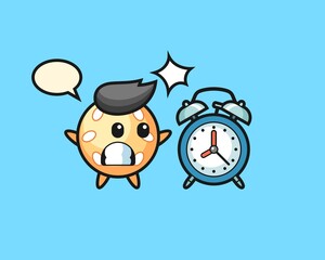 Sesame ball cartoon surprised with a giant alarm clock