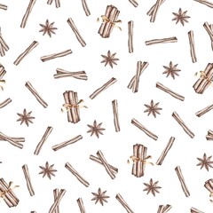 Seamless pattern with cinnamon and star anise on a grey background. illustration with fragrant spices for printing on textiles, paper, ceramics.
