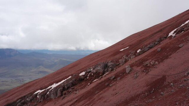 A vulcanic mountain slope covered in red sand and a few large rocks with some remnants of the snow from a gletser
