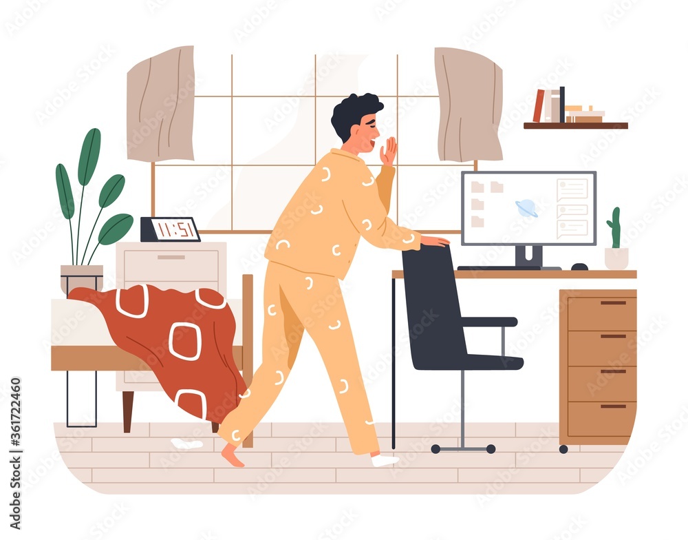 Poster yawn freelancer man missing the deadline vector flat illustration. remotely work employee overslept 