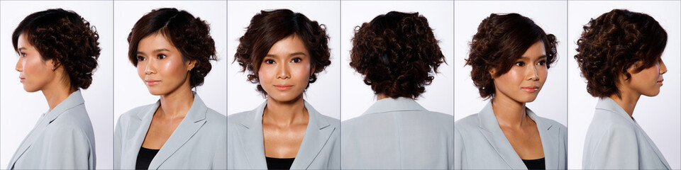 20s Asian Woman black short curl hair gray suit jacket pant Profile