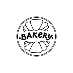 Black and white logo of the bakery in the form of a round stamp with two croissants and a lettering of the name. Use for signage, menus, packaging, web design, advertising, branding.