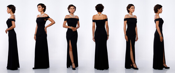 Asian Woman black hair stand 360 turn rear side back view isoalted