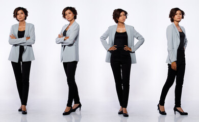Fototapeta na wymiar 20s Asian Woman black short curl hair gray suit jacket pant Profile